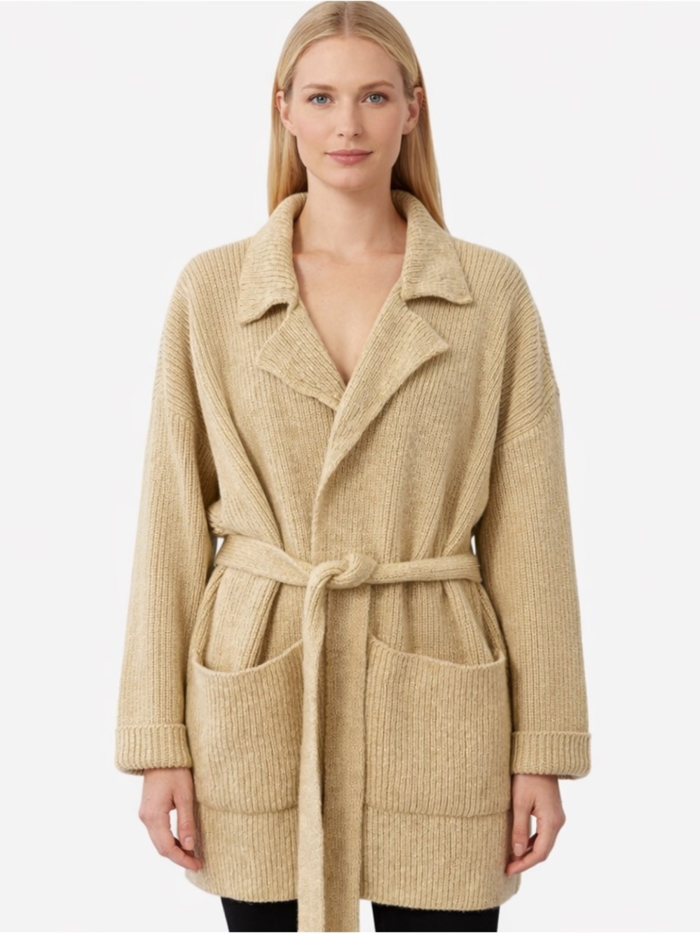 French Creek Sheep and Wool Company Sweater Jacket Belted Tie Front Beige Medium